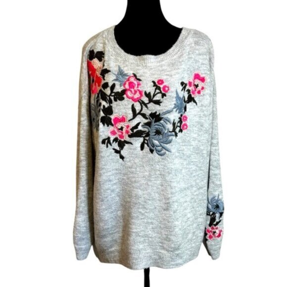H&M Women Large Floral Embroidered Grey Sweater Cottagecore Boho Soft Wool Blend - Picture 1 of 9